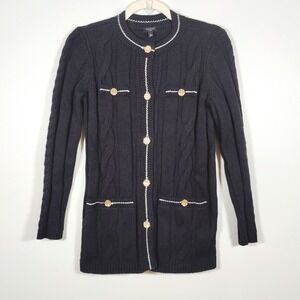 Talbots Petite Black Cable Knit Cardigan Gold Crest Buttons Quiet Luxury P
